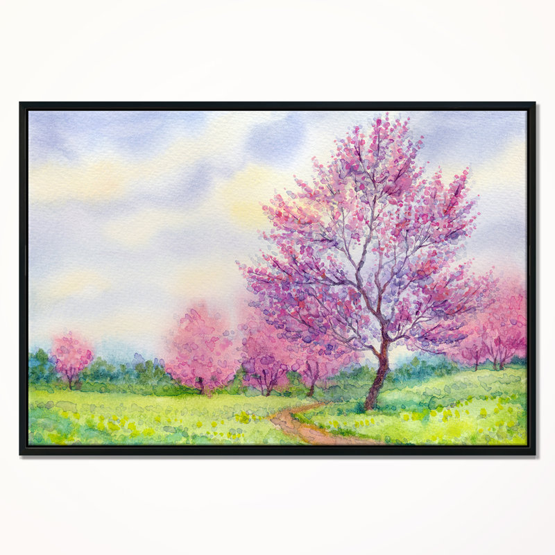 East Urban Home Purple Spring Landscape Framed Oil Painting