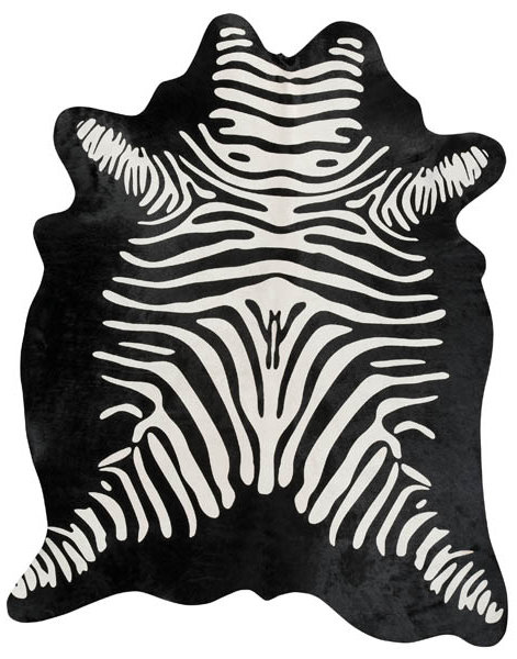 Stenciled Brazilian Cowhide Zebra Reverse Black/White Area Rug by Pergamino