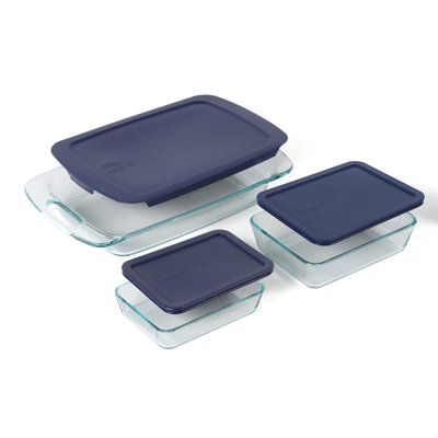 A Pyrex Easy Grab six-piece bakeware set with blue lids photographed for a US home retailer listing