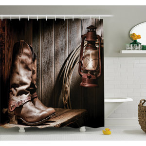 Western Dallas Cowboys and Lantern on a Bench in Vintage Ranch Nostalgic Folkloric Print Shower Curtain Set