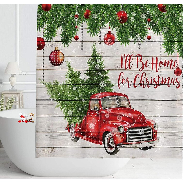 Watercolor Retro Red Truck carrying Xmas Tree Christmas Car Shower Curtain Sets 
