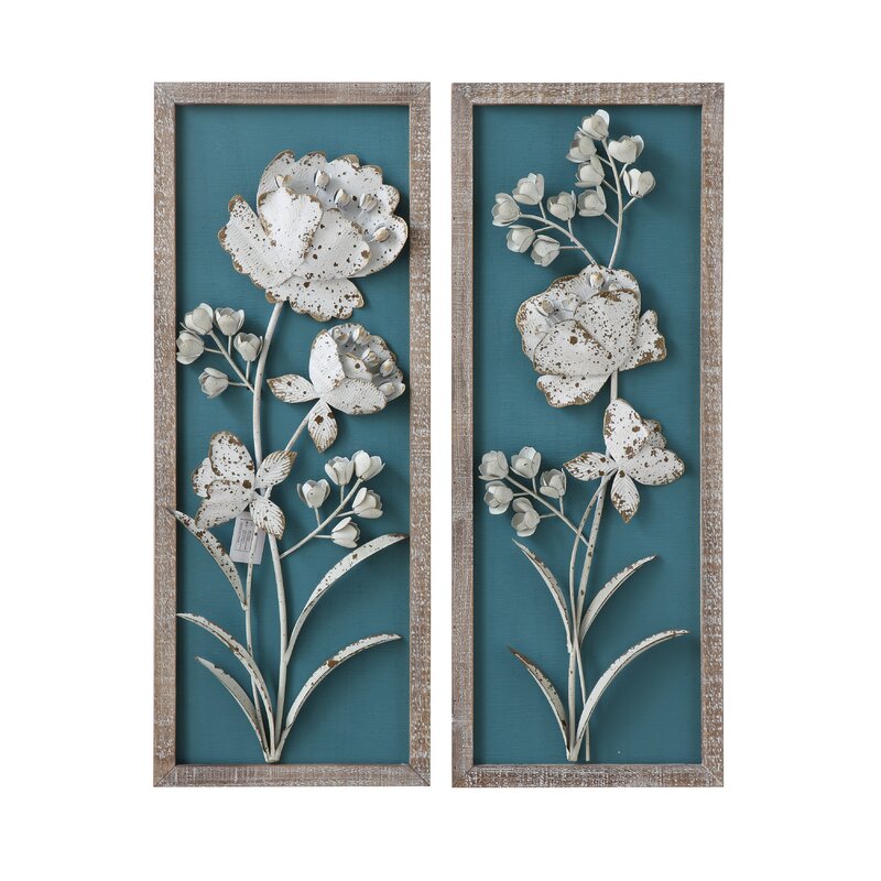 2 Piece Wood with 3-D Metal Flowers Wall Decor Set