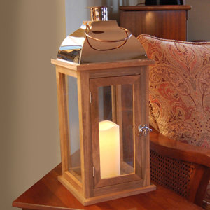 Wooden Lantern with Copper Roof and LED Candle