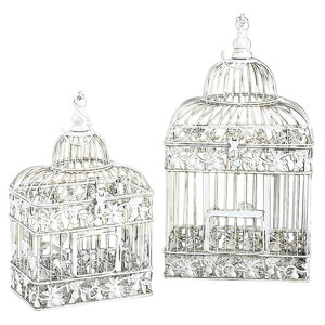 2 Piece Decorative White Metal Bird Cage Set