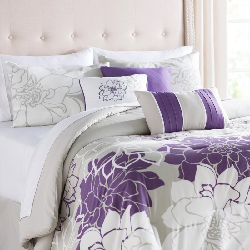 Purple And Silver Overscaled Floral Motif Bedding Set