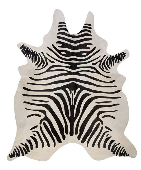 Stenciled Brazilian Cowhide Zebra Black/Off-White Area Rug by Pergamino
