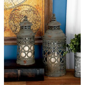 2 Piece Metal and Glass Lantern Set