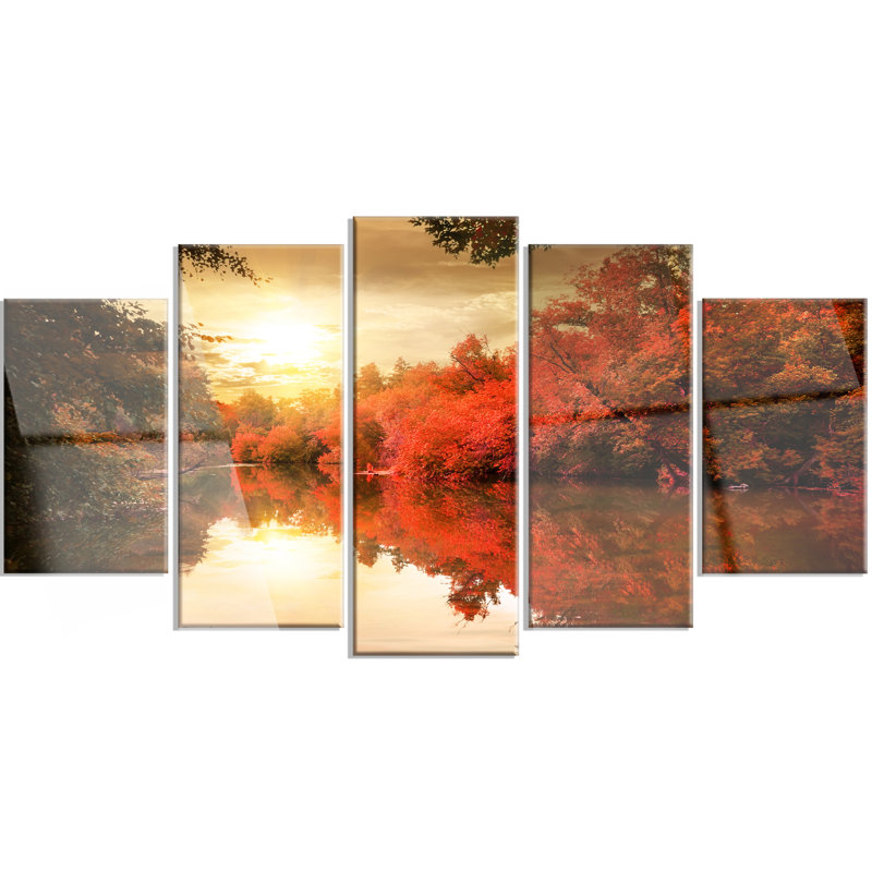 Designart Colorful Fall Sunset Over River 5 Piece Photographic