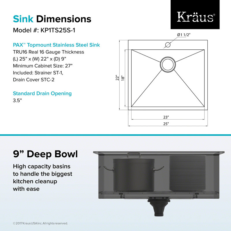 Kraus Kp1ts25s 1 Pax Kitchen Sink Single Bowl 25 X 22 X 9 1 Hole 25