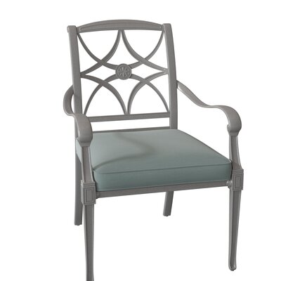 Wiltshire Stacking Patio Dining Armchair with Cushion Woodard Cushion Color: Linen Sesame, Frame Color: Pewter Finish, Seat Height: 19.25