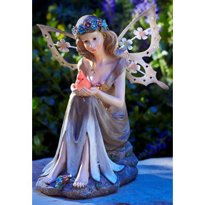 Solar Powered Garden Fairy with Glowing Cardinal Statue