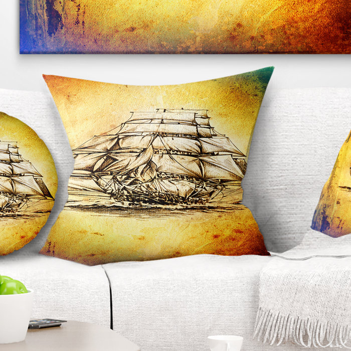 East Urban Home Seashore Colorful Old Moving Boat Drawing Pillow