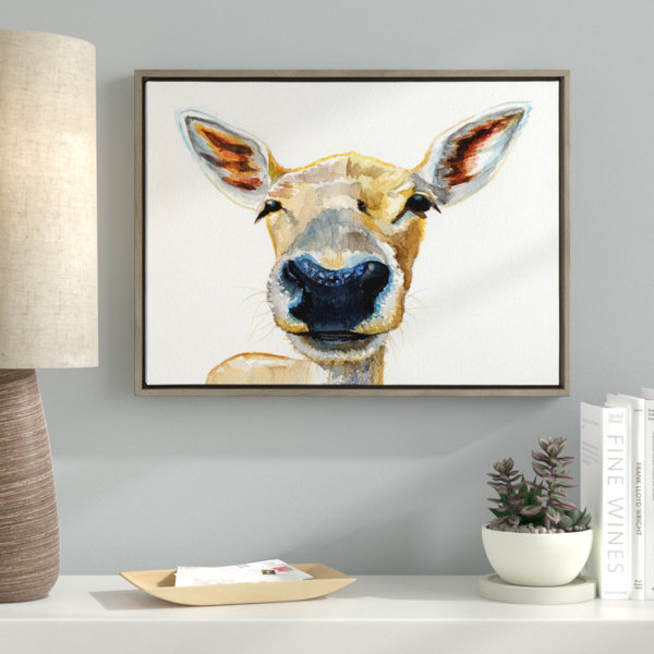 Ebern Designs Curious Baby Deer Framed Watercolor Painting Print