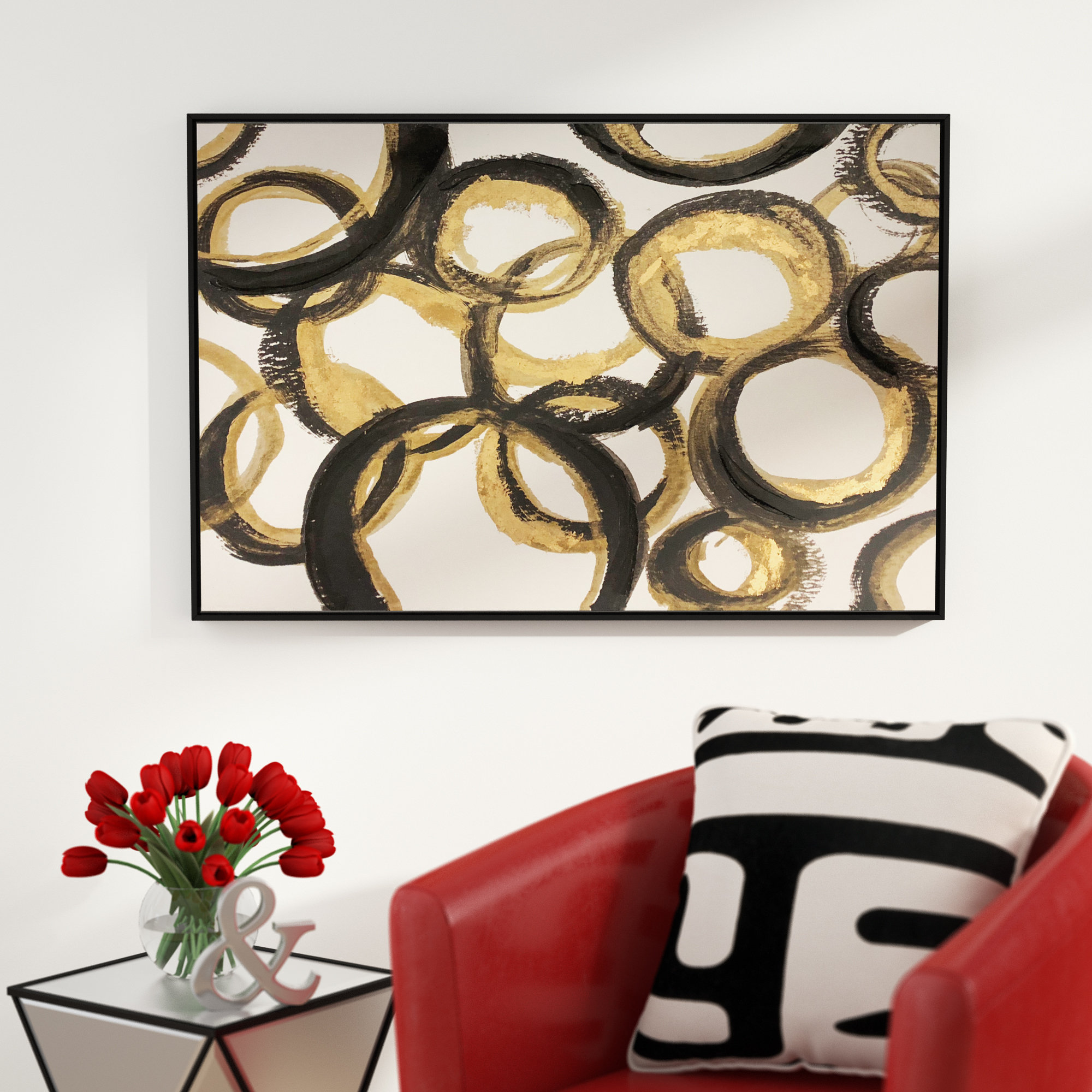 Orren Ellis Black And Gold Abstract Circles Framed Acrylic Painting Orren Ellis Black And Gold Abstract Circles Framed Acrylic Painting