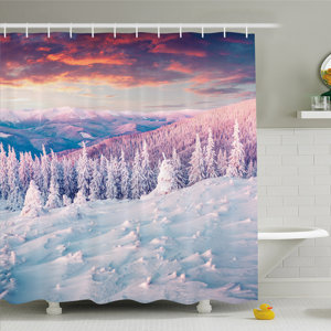 Winter European Mountain Pine Forest with Sky Colors Overcast Windy Fresh Image Shower Curtain Set