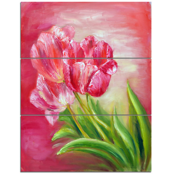 Designart Red Tulips In Red Background 3 Piece Graphic Art On