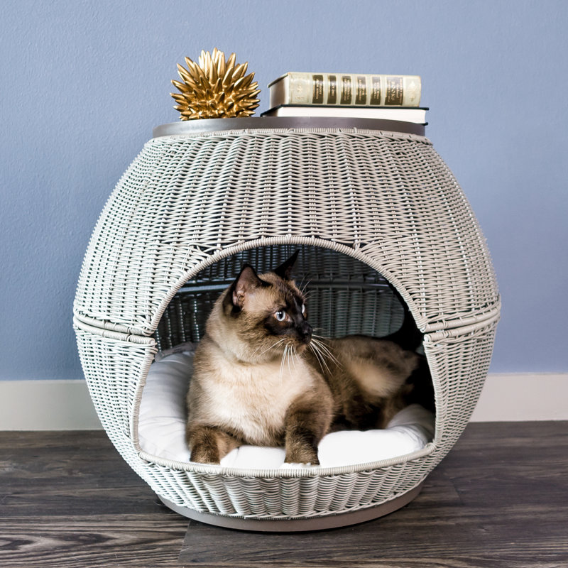 End table cat bed out of wicker for cat friendly interior design ideas