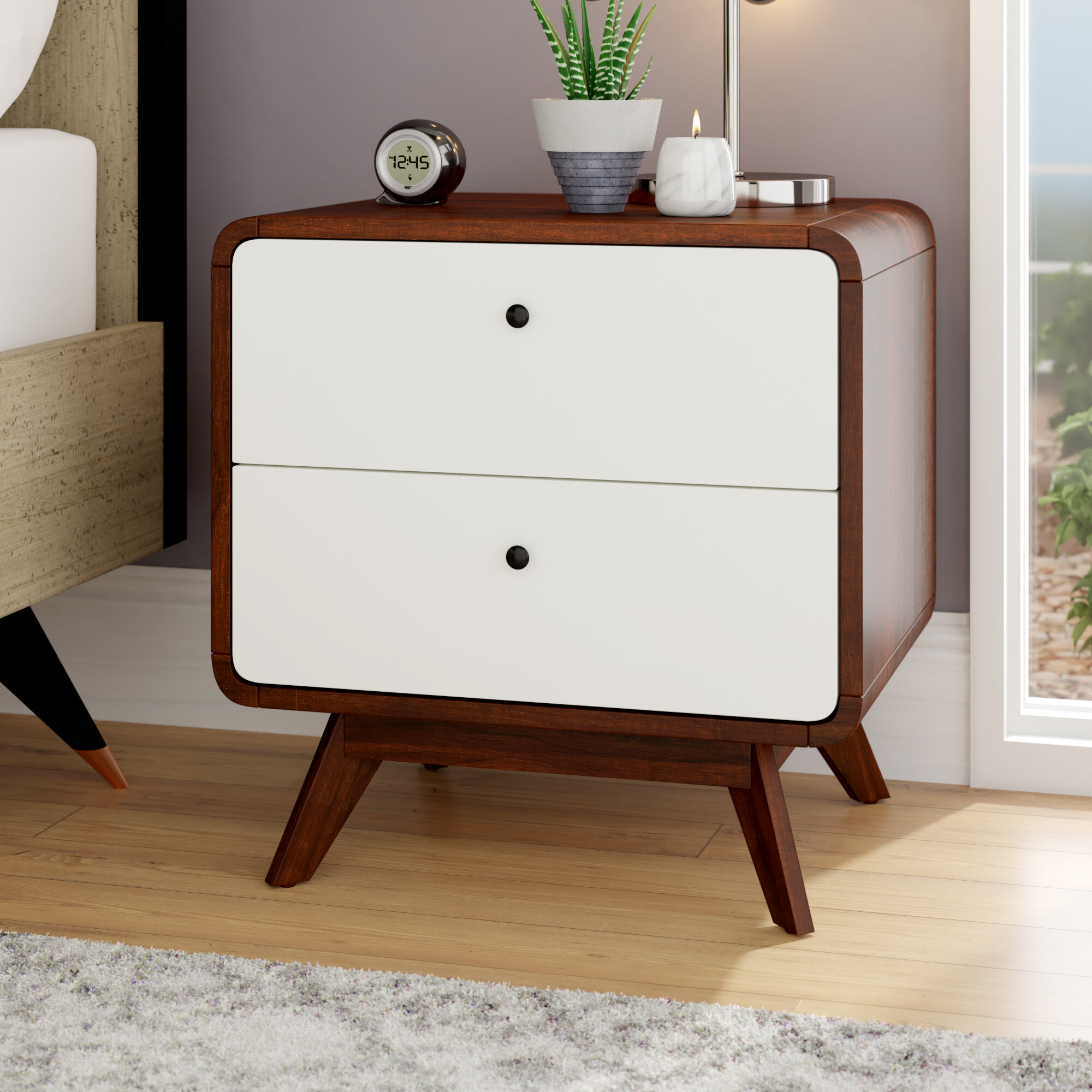Living Skog Mid Century Side Table 2 Drawer White Beige Multipurpose Small Desk Makeup Table With Easy Glide Drawers Scandinavian Nightstand With 2 Drawers Nightstands