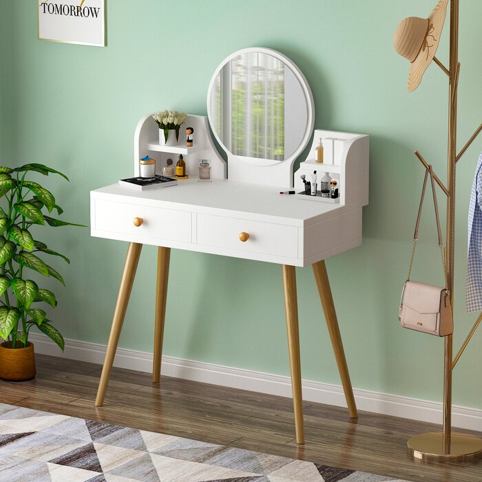 Mercer41 Traditional Vanity Table With Round Mirror And Solid Legs ...