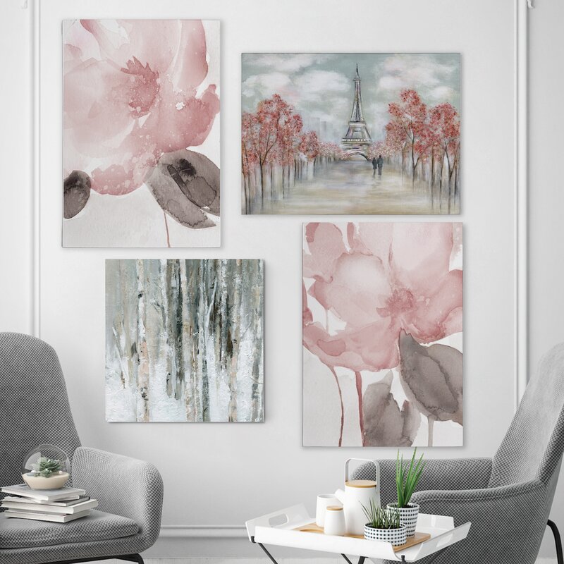 'Contemporary Pink' 4 Piece Painting Print Set on Canvas