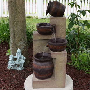 Tiered Outdoor Fountains You Ll Love Wayfair Voss Polystone Solar Cascading Terra Bowls Water Fountain With Light