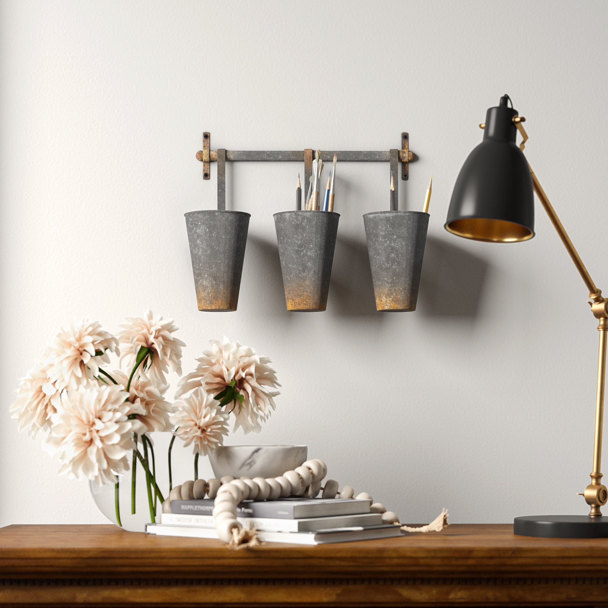 Farm Metal Wall Rack And 3 Tin Pot With Hanger Wall Decor