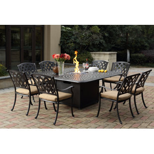 Firepit Patio Dining Sets You Ll Love Wayfair Campton 9 Piece Dining Set With Firepit And Cushion