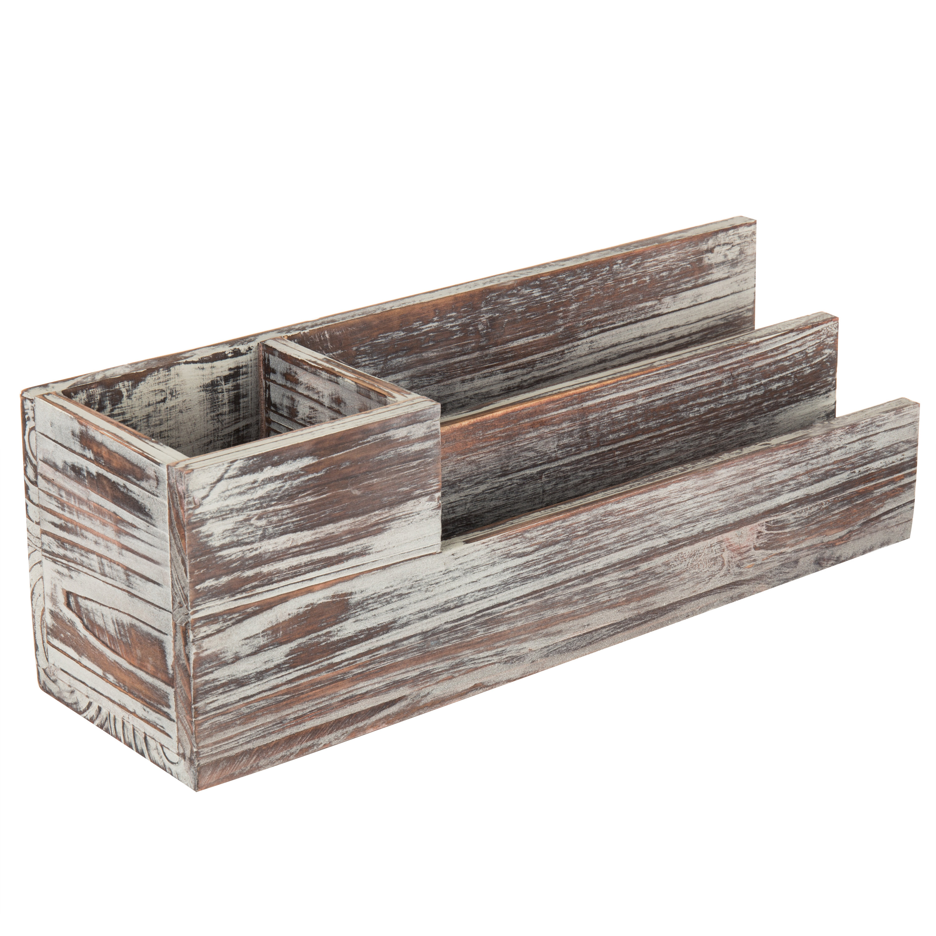 Rustic Whitewashed Gray Wood Office Supplies Caddy &2 Slot Letter Mail Organizer 
