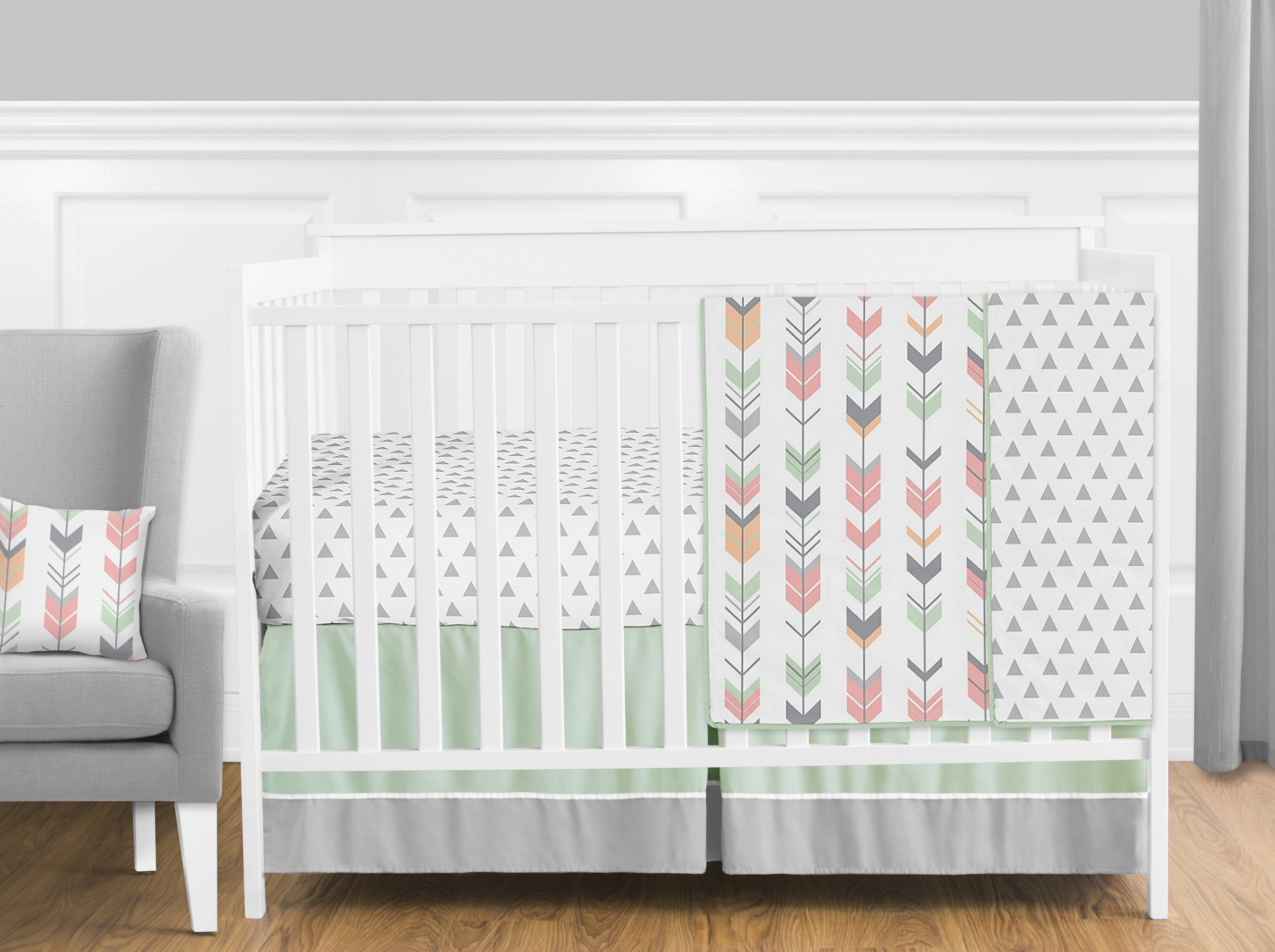 Grey /& Navy Baby Girl Crib Bedding 11 Piece Nursery Set Floral Dot Coral