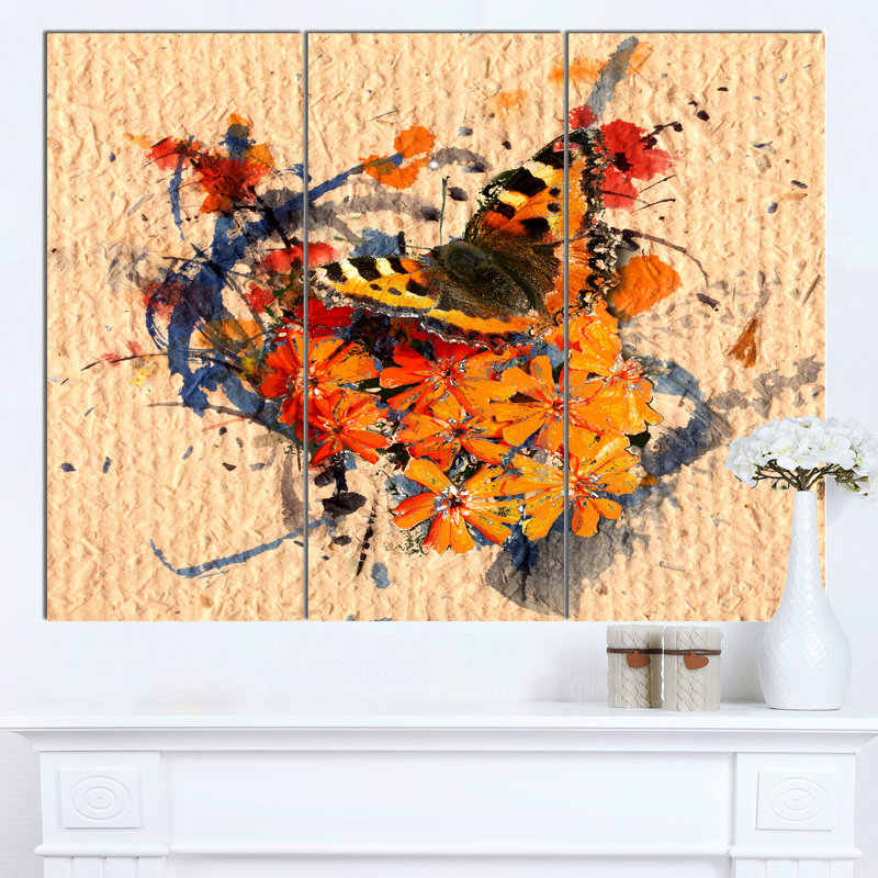 Designart Butterfly And Abstract Art On Paper 3 Piece Graphic