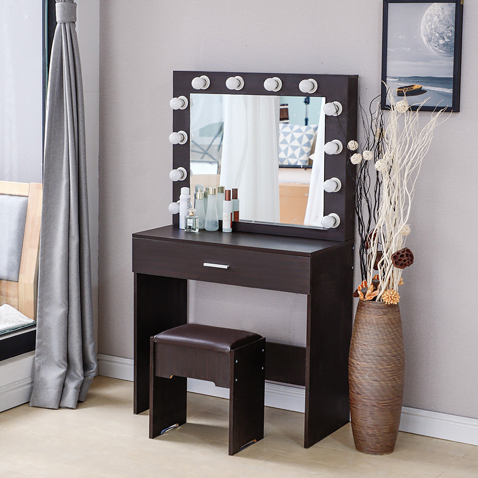 Latitude Run Vanity Set With Lighted Mirror Cushioned Stool Dressing Table Makeup Table Wayfair