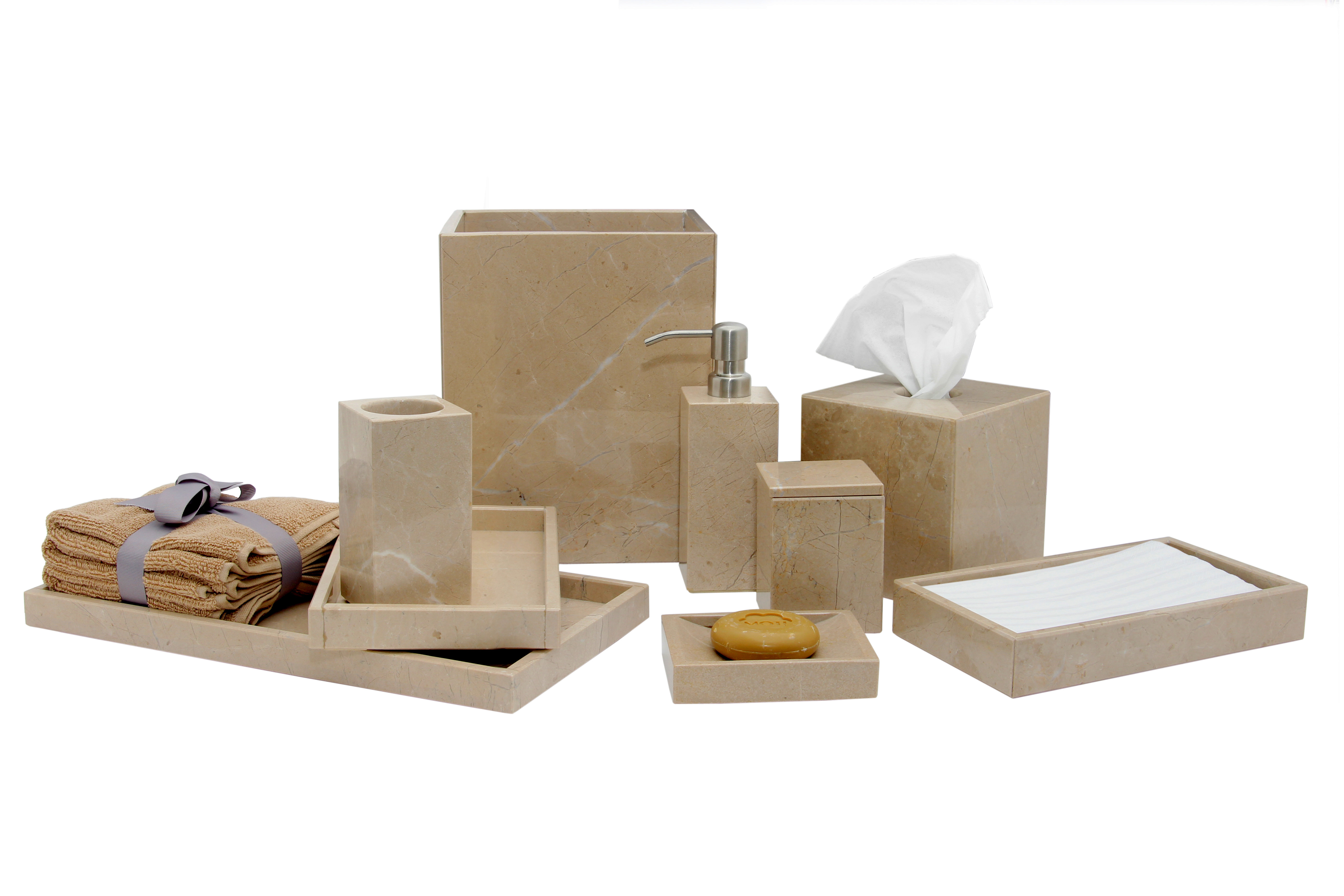 Beige Shower and Bathroom Accessory Polished Marble 7-Piece Bath Set