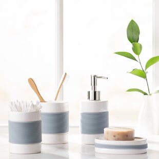 ORION GROUP Bathroom Accessory Set Soap Dispenser Grey Bathroom Tumbler Toothbrush Holder Plastic Cup Tray 