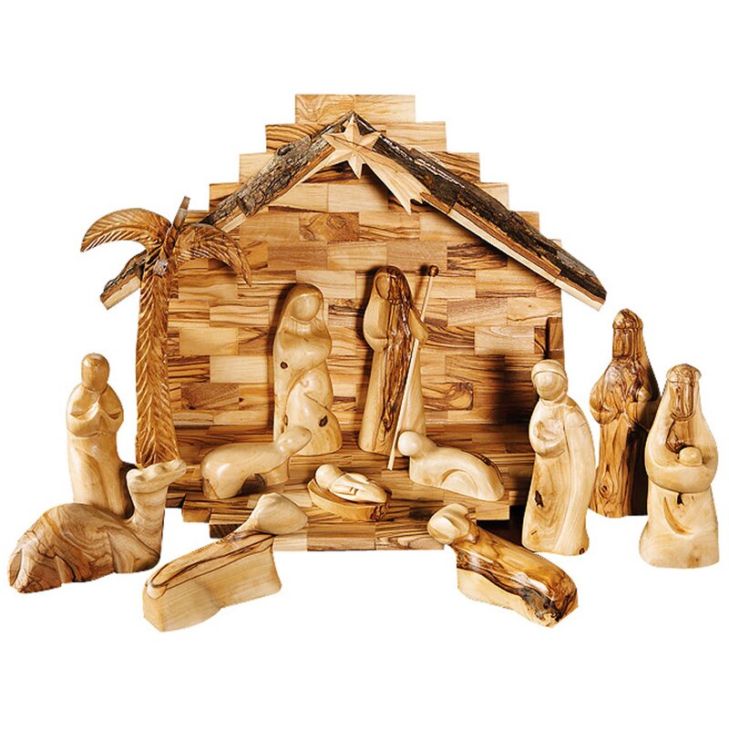 CarversArt Modern Olive Wood Nativity Set with Stable and Palm Tree ...