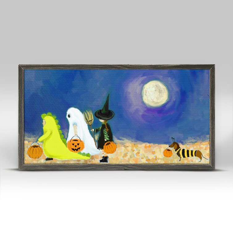 Halloween Kids Trick or Treat Under Full Moon 2 Fun Whimsical Folk Art Giclee Print