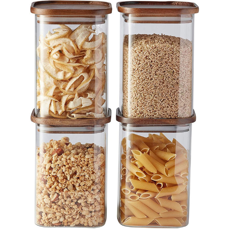 Square Glass Jars With Wood Lids Set Of (4)Airtight And Stackable Storage  Containers For Kitchen Pantry Wooden Lid BPA Free And Recyclable Canister  ...