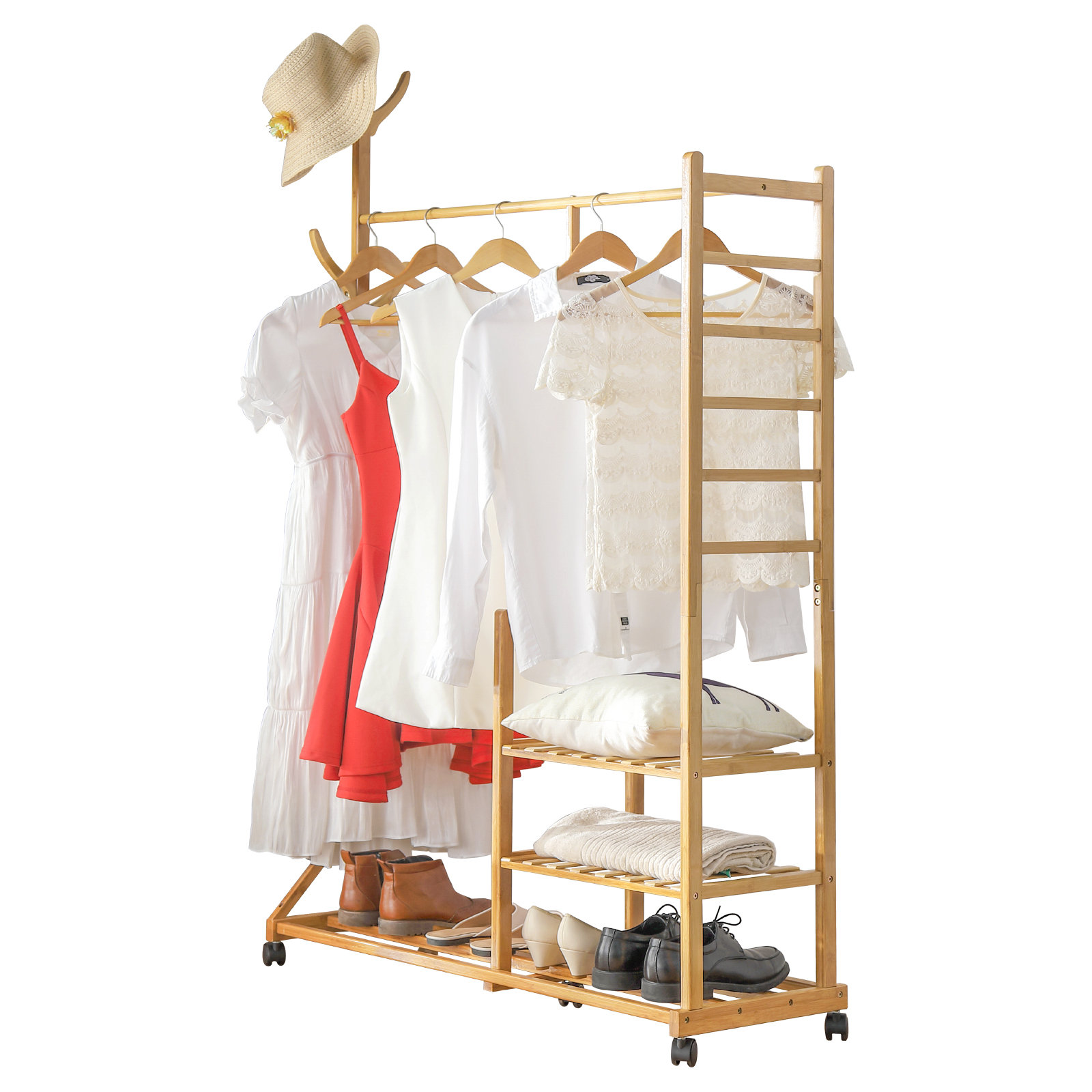 Rolling Closet Organizer Brown Clothing Garment Rack 2-in-1 Coat Rack Rolling Garment Rack Height Adjustable with 2 Storage Baskets,Lockable Wheels