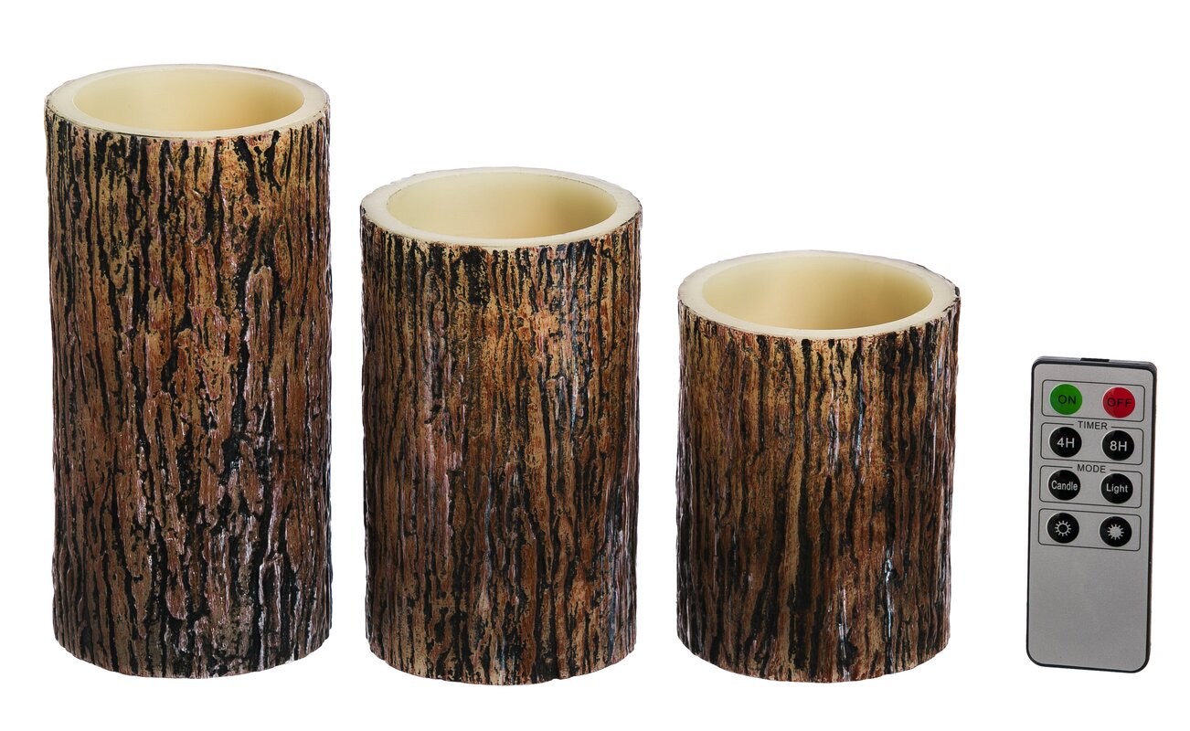 Tree Bark Battery Operated LED 3 Piece Flameless Pillar Candle Set