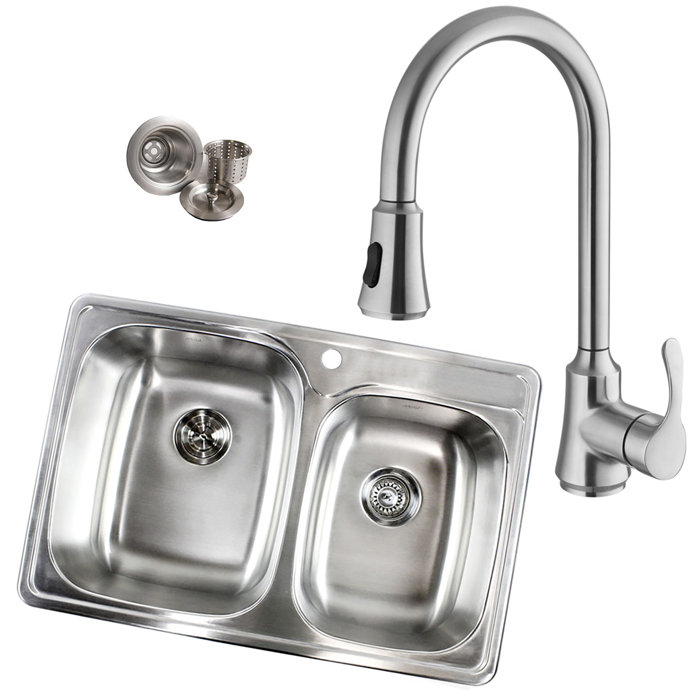 Topmount 18 Gauge Stainless Steel 33 L X 22 W Double Basin Drop In Kitchen Sink With Faucet