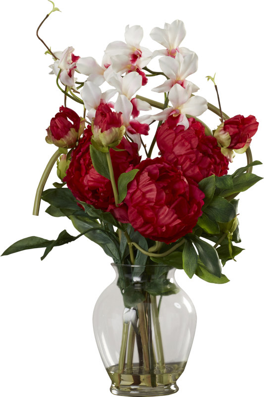 Alcott Hill Peony and Orchid Silk Flower Arrangement in Vase & Reviews