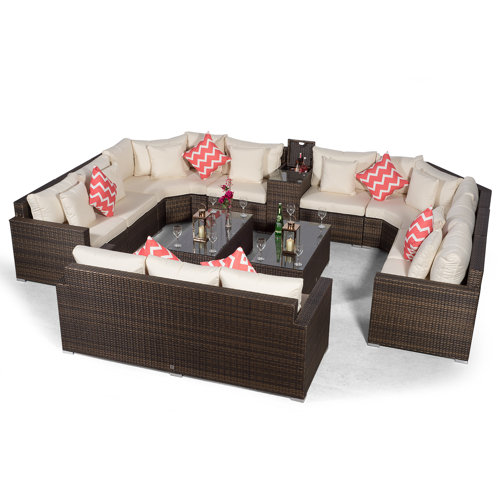 Villasenor Brown Rattan U Shape 8 Seat Sofa With 2 X Rectangular Coffee Table and 3 Seat Sofa + Drinks Cooler, Outdoor Patio Garden Furniture Sol 72 Out