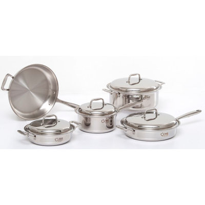 A five-piece stainless steel cookware set photographed for a US home retailer listing in September 2026