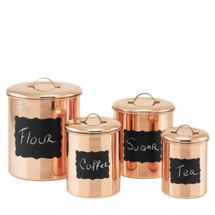 Set //4 Tin Food Safe French English Canisters Flour Sugar Coffee Tea
