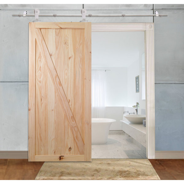 Stainless Steel Unfinished Z-Bar Solid Wood Panelled Knotty Pine Slab Interior Barn Door by Calhome