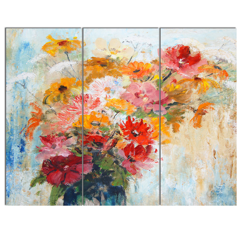 Designart Flowers In Vase Painted Illustration 3 Piece Painting