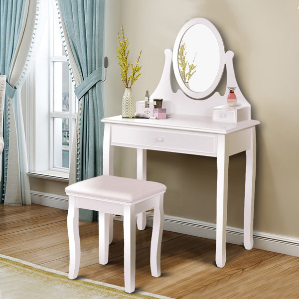 Rosdorf Park Vanity Wooden Makeup Dressing Table Stool Set ...