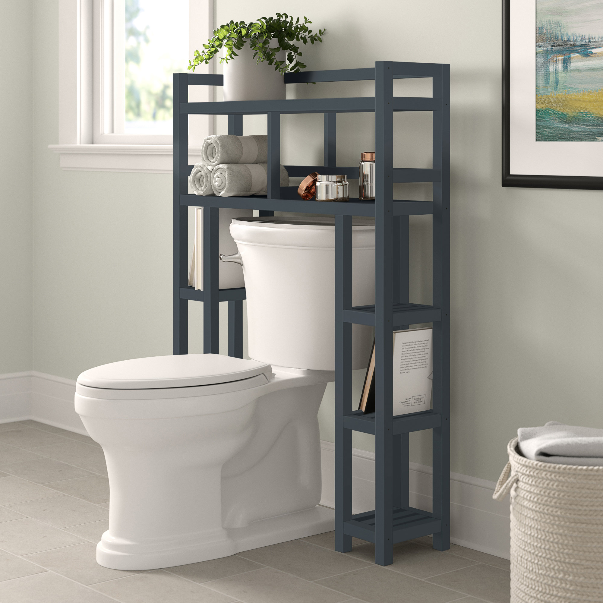 Bathroom Space Saver Over the Toilet 3 Shelves Tissue Box Wooden Cream Storage