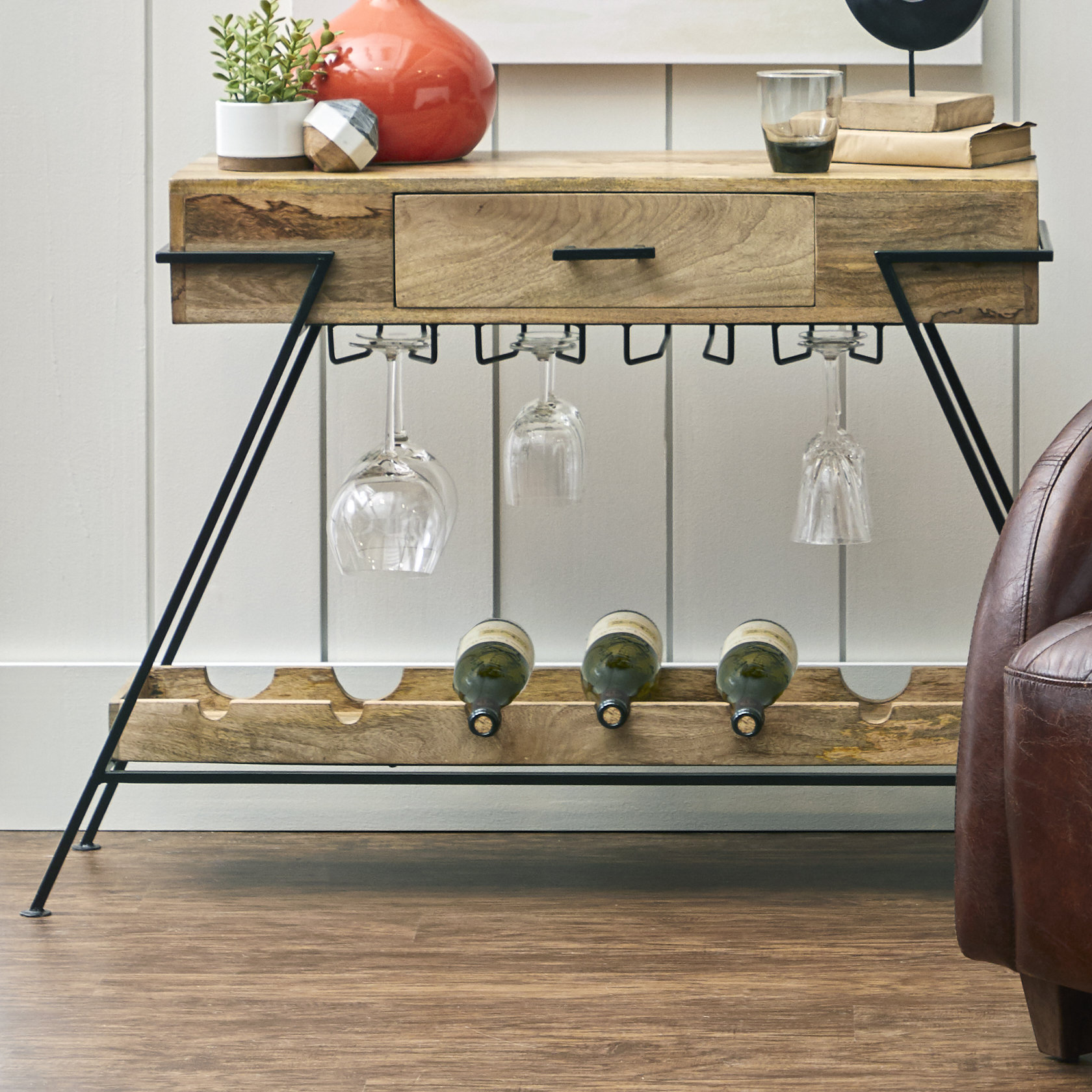 Bloomsbury Market Waleska Minimalist Wood And Metal 7 Bottle Floor Waleska Minimalist Wood And Metal 7