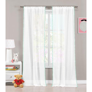 Constantia Trim Solid Semi-Sheer Rod Pocket Panel Pair with Pom Pom Tie Back (Set of 2)