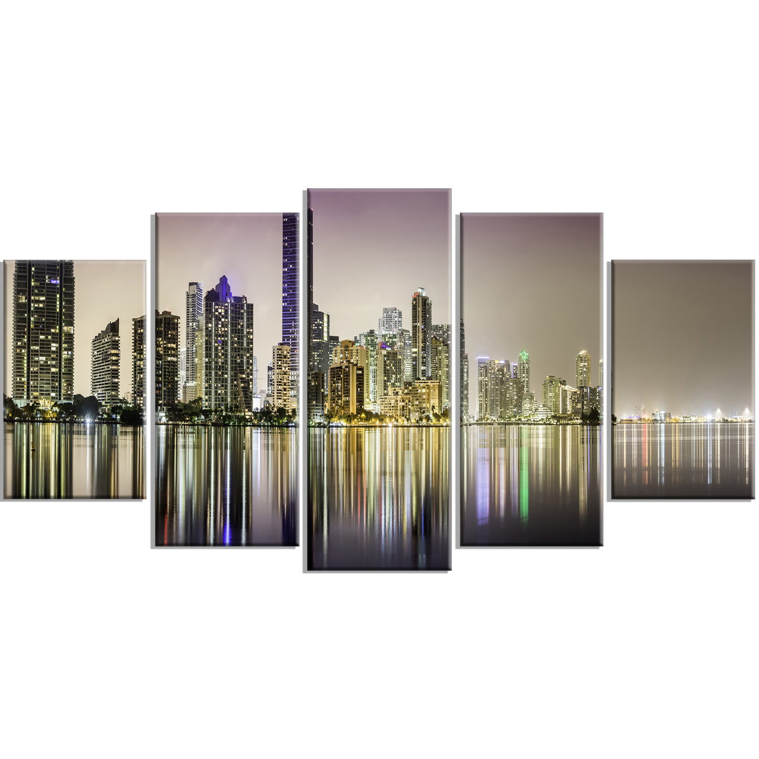 Designart Miami Downtown Night Panorama 5 Piece Photographic Print On Wrapped Canvas Set Wayfair